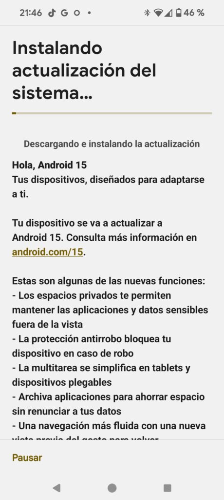 Actualización de Android 15 en un pixel 8 Pro