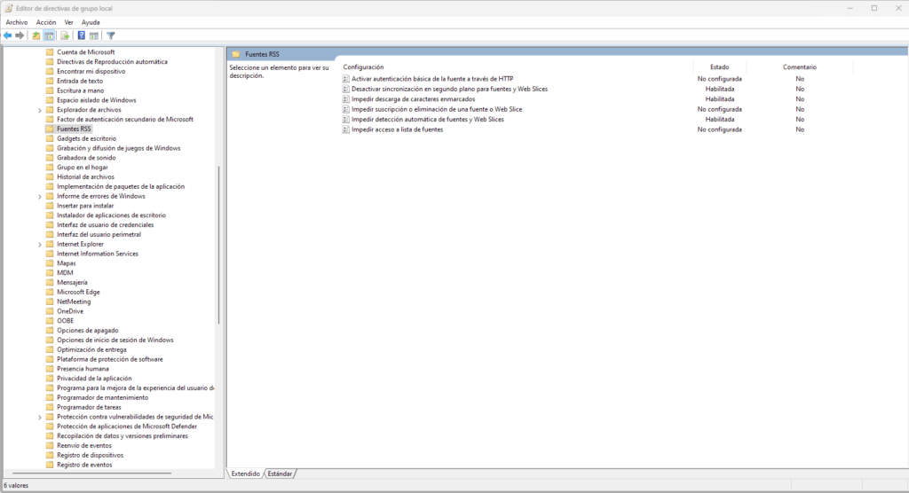 desactivar la sincronizacion de fuientes rss de IE en gpedit