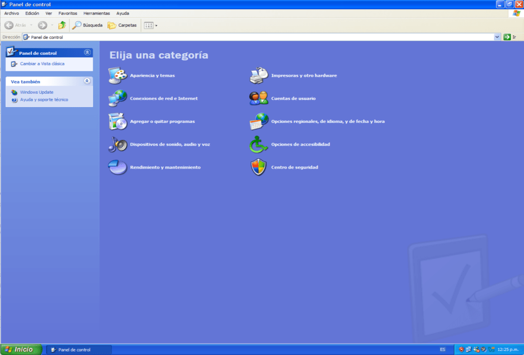 Windows XP ordenó el panel de control en categorías