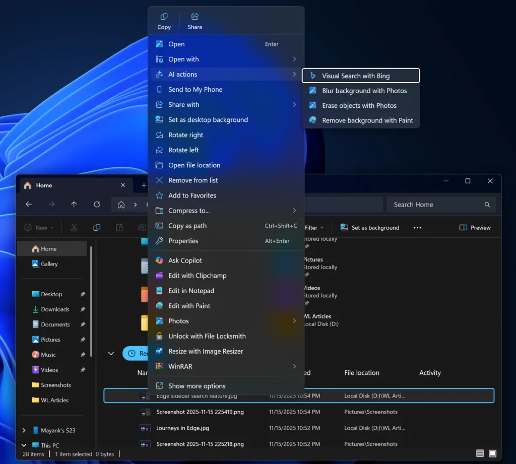 Microsoft ha hecho opcionales las acciones de IA en el explorador de archivos de Windows 11 y da la posibilidad de desactivarlas.