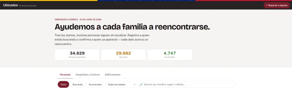 Ante los terremotos ocurridos recientemente en Venezuela, ha surgido el proyecto Ubicados Venezuela el cual ayuda eficazmente a reportar y encontrar personas desaparecidas.